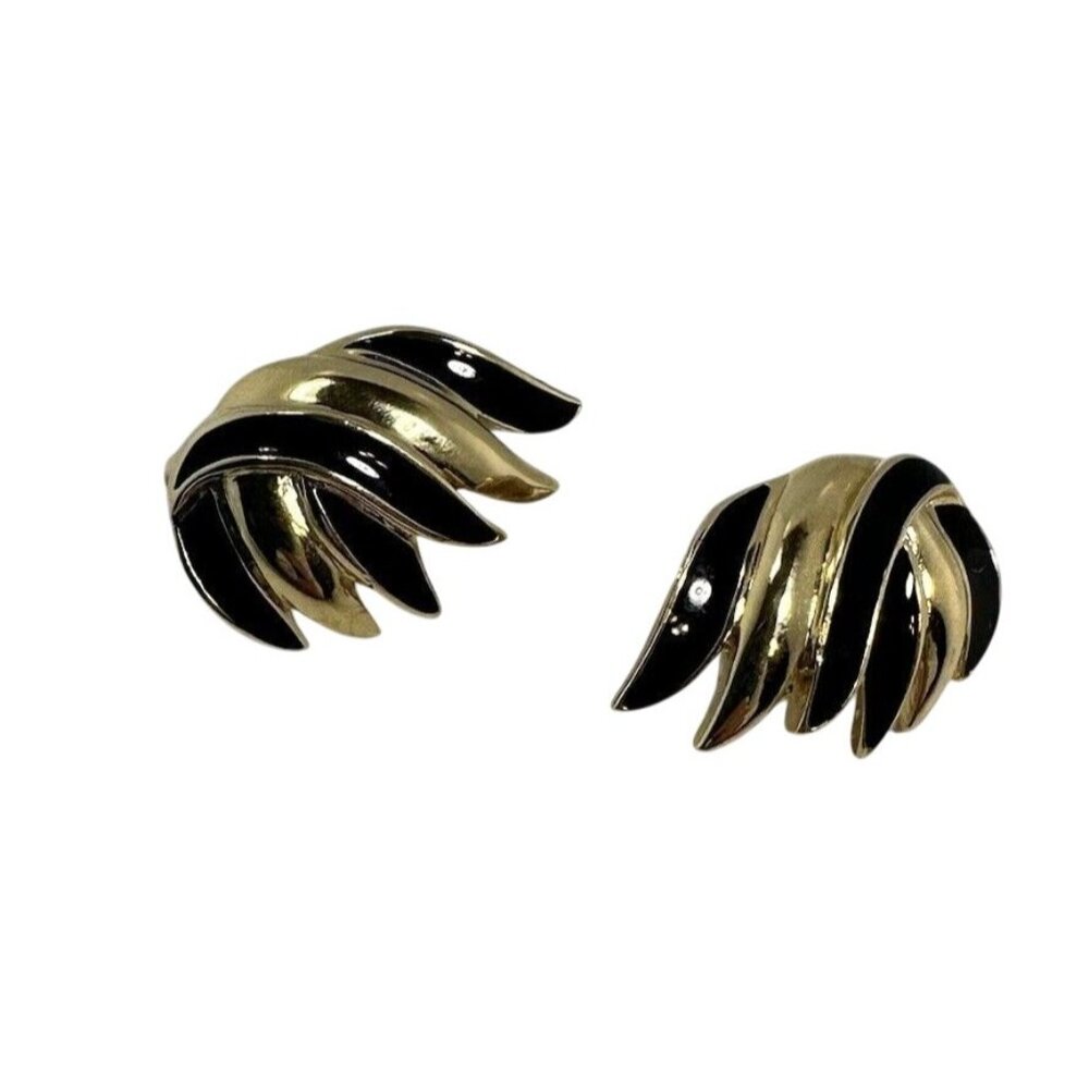 Vintage Trifari Womens Gold Tone Black Enamel Clip On Earrings 1990s Style